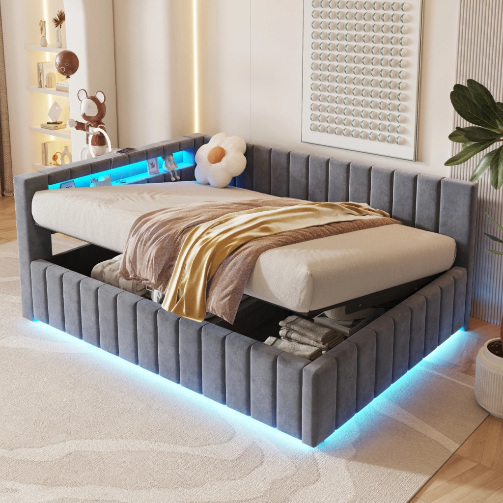 Letto matrimoniale imbottito 140x200 cm con contenitore idraulico; LED e USB; velluto grigio