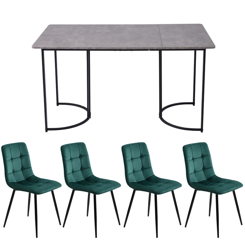 Set Tavolo da Pranzo con 4 Sedie ¨C Xylo ¨C Piano MDF Grigio, Gambe Metallo Nero, Velluto Verde, 140x80 cm