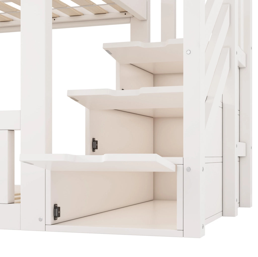 Letto a castello 90x200 cm in stile casetta con scaletta contenitore; bianco