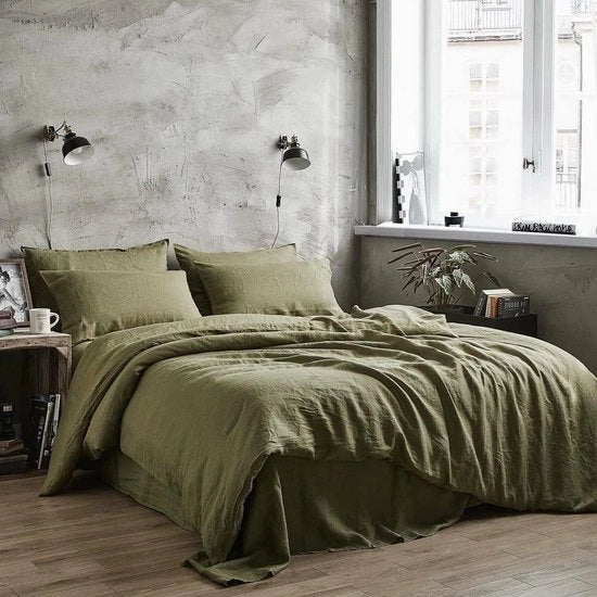 Set di lenzuola, 135 x 200 cm, cotone, verde oliva, a righe, premium rinforzato, letto singolo, copriletto e 1 cuscino con fodera 80 x 80 cm, con chiusura a zip