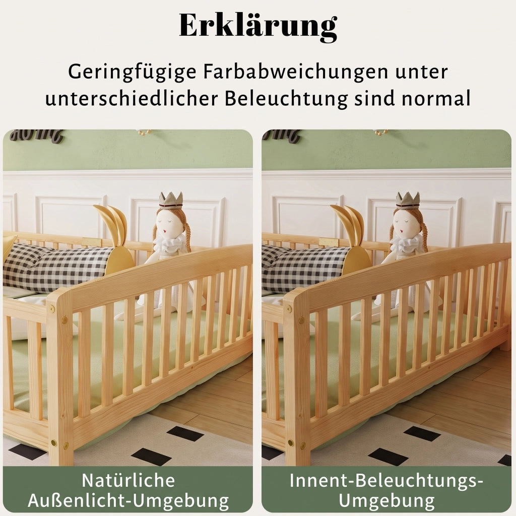 Letto per bambini 140 × 200 cm con barriera di sicurezza e ingresso centrale, senza materasso, in pino, naturale