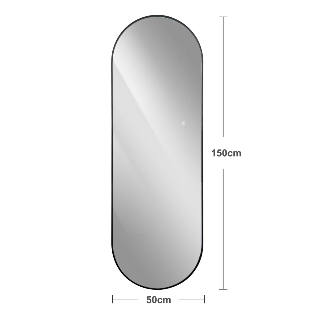 Specchio a figura intera a LED con cornice in alluminio nero; specchio da parete a capsula dimmerabile per camera da letto e bagno