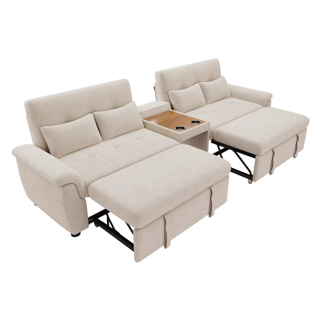 Divano letto estraibile a 2 posti letto con schienale reclinabile, console centrale con 2 portabicchieri, tessuto Chenille beige, 284¡Á138¡Á89 cm