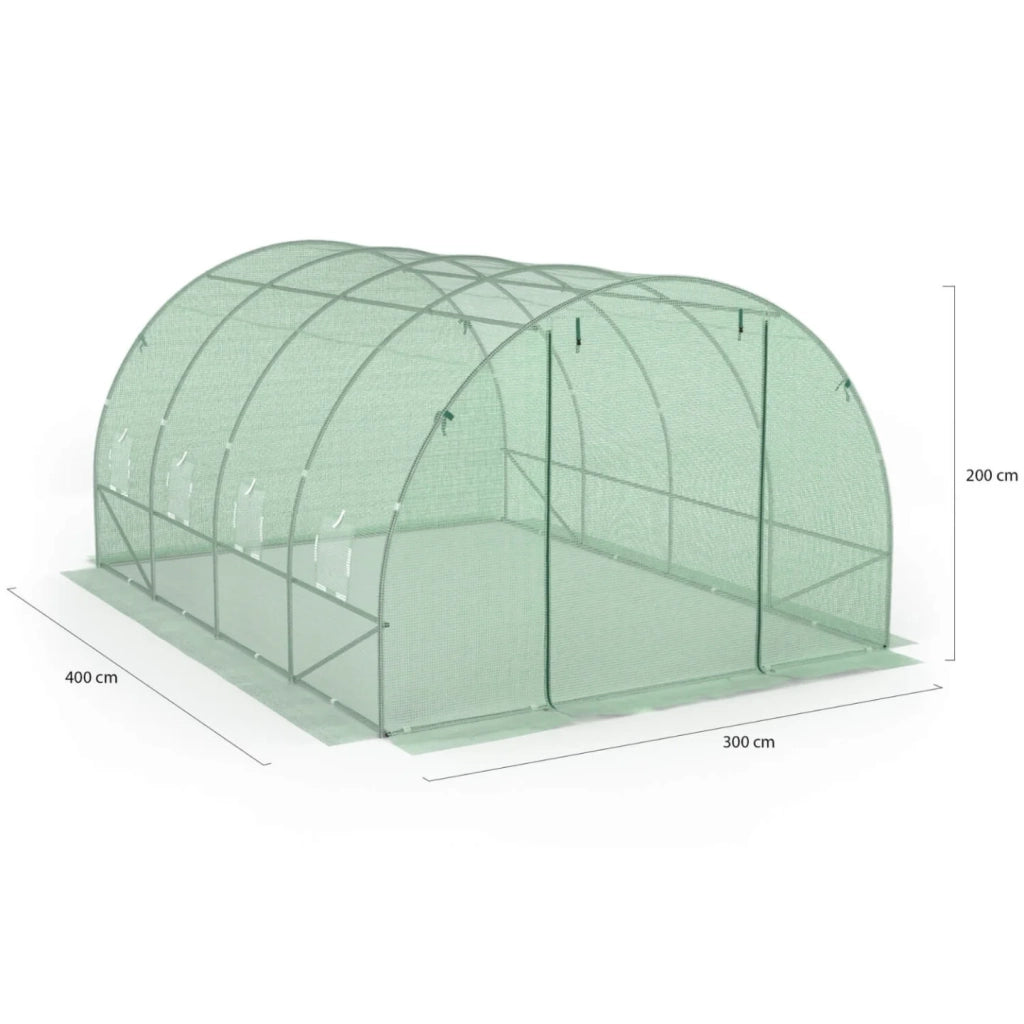 IDMarket - Serra da giardino a tunnel da 12 m², 4 x 3 x 2 m, in acciaio zincato + telo anti-UV con porta e finestre ZEBRA verde