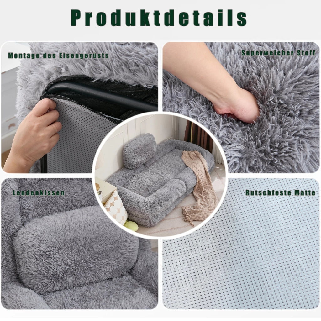 Divano convertibile da pavimento con schienale regolabile a 5 posizioni e cuscino in tessuto peluche grigio chiaro