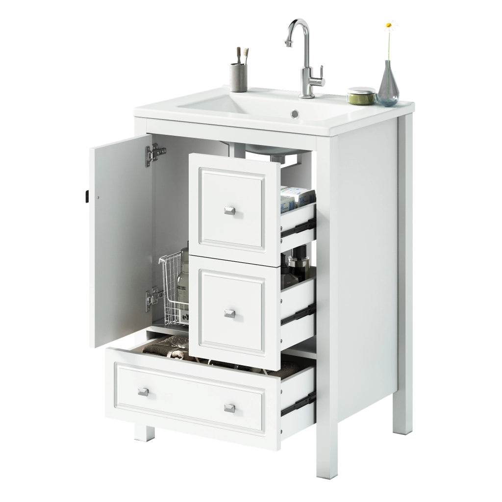 Mobile bagno freestanding 62¡Á47¡Á90 cm con lavabo in ceramica, finitura laccata bianca, 1 anta e 3 cassetti