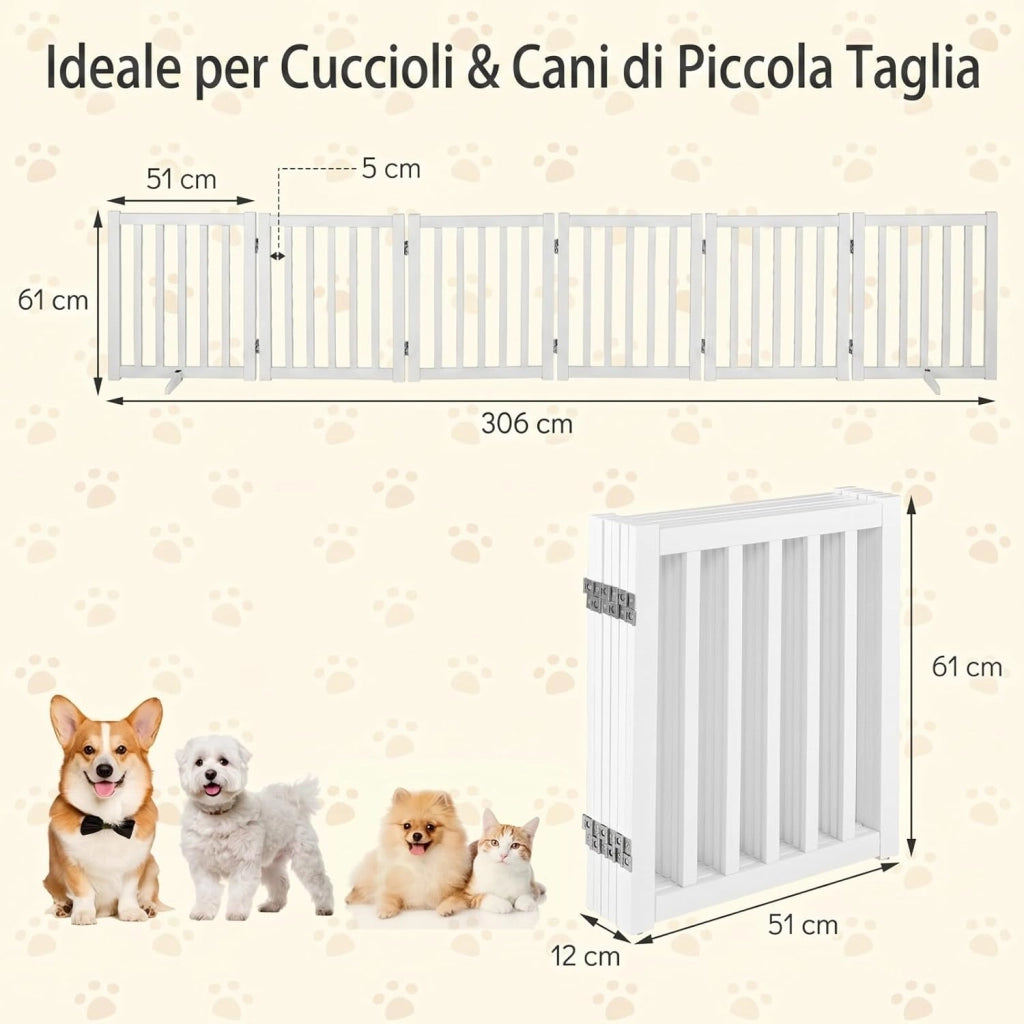 Cancelletto per Cani a 6 Pannelli, Cancello Pieghevole da Interno in Legno Massello, Semimontato, Barriera di Sicurezza Autoportante per Camino e Porta e Scala, 306 x 61 cm