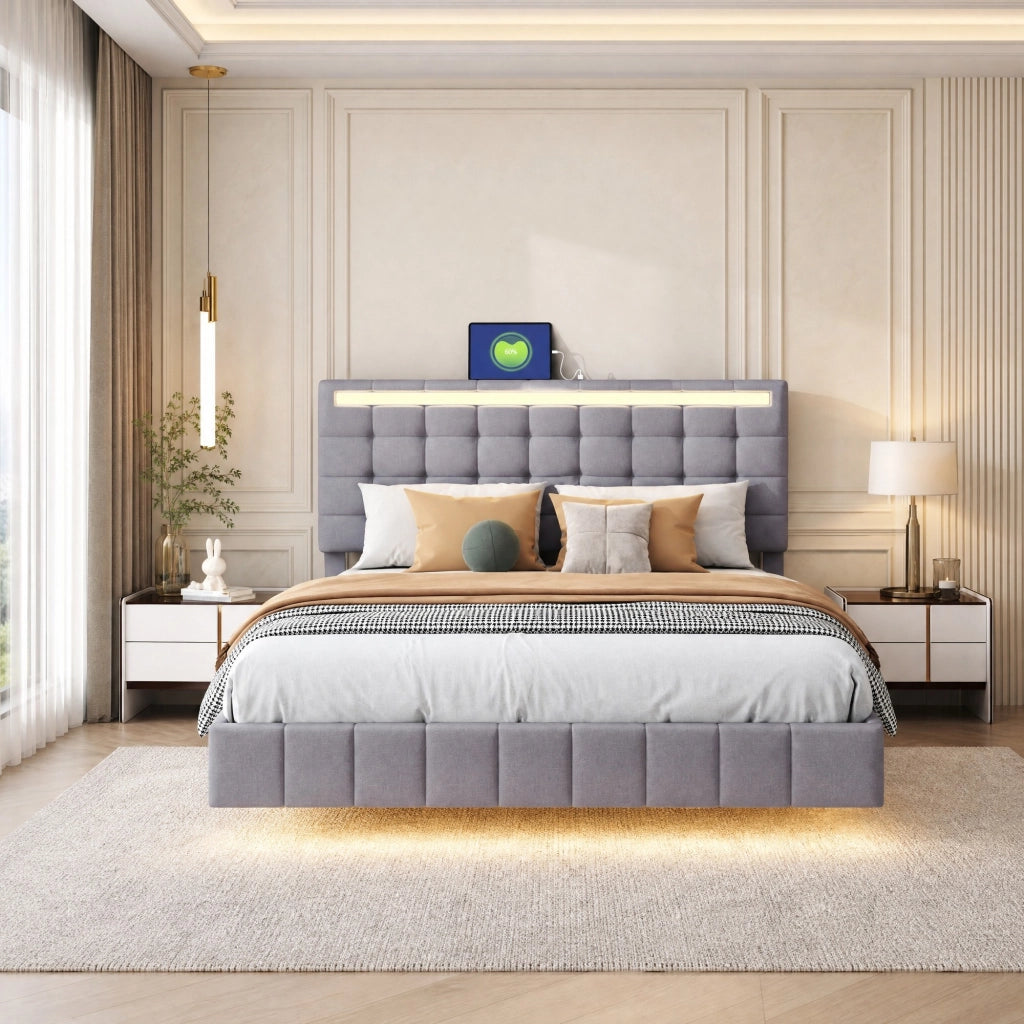 Letto imbottito 140 × 200 cm 2 posti con LED e piedi nascosti, in tessuto lino, senza materasso, grigio