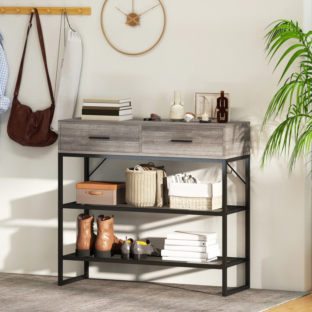 Consolle da Ingresso 100x35x92 cm con 2 Cassetti 2 Ripiani e Gancio Laterale in Legno e Metallo Nero e Legno