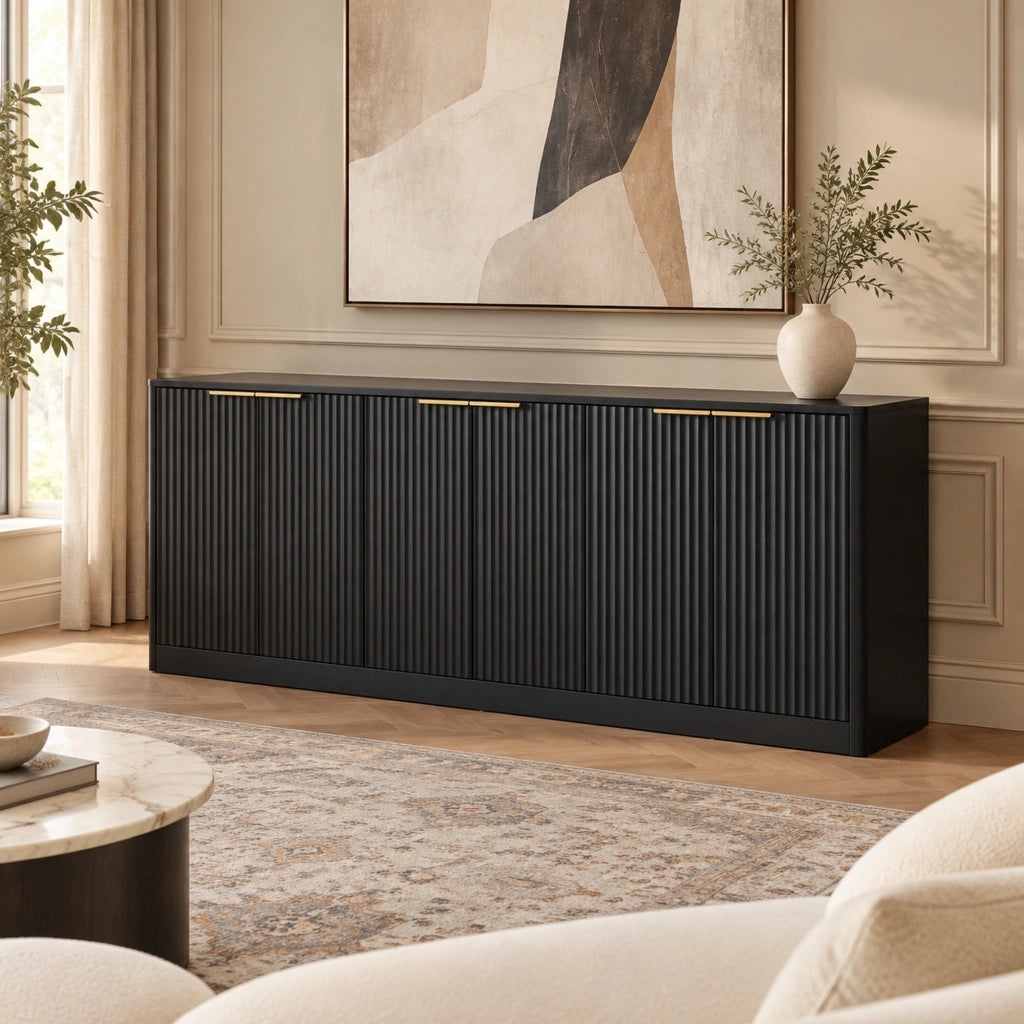 Credenza 170x40x70;5 cm a 6 ante in MDF con pannelli ondulati; nero