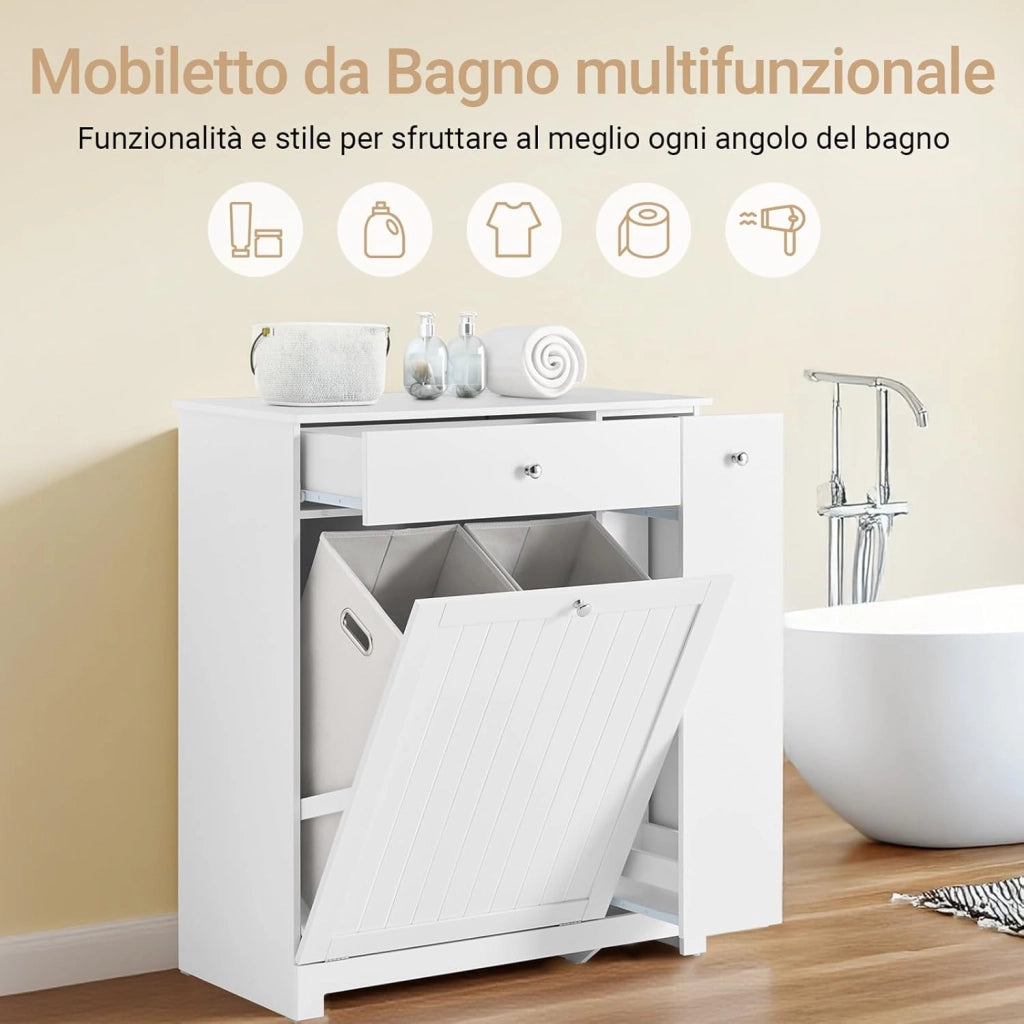 Mobile Bagno Salvaspazio Alto e Stretto Mobile Colonna con 1 Cassetto, 2 Cesti Portabiancheria e Ripiano Estraibile Armadietto da Bagno Multiuso 78x38x90cm BZR214-W