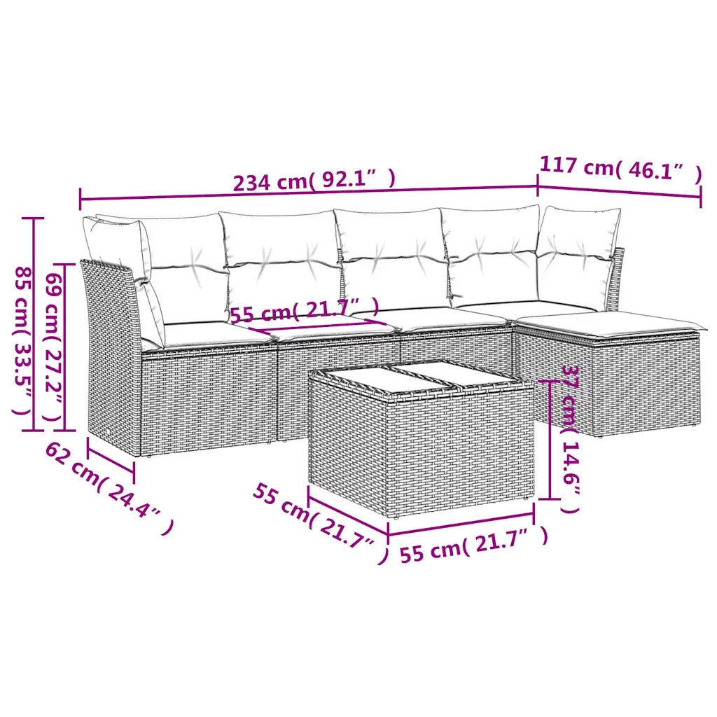 Set Divano da Giardino 6 pz con Cuscini-Sofa da Giardino-Divanetto da esterno Marrone in Polyrattan 785166