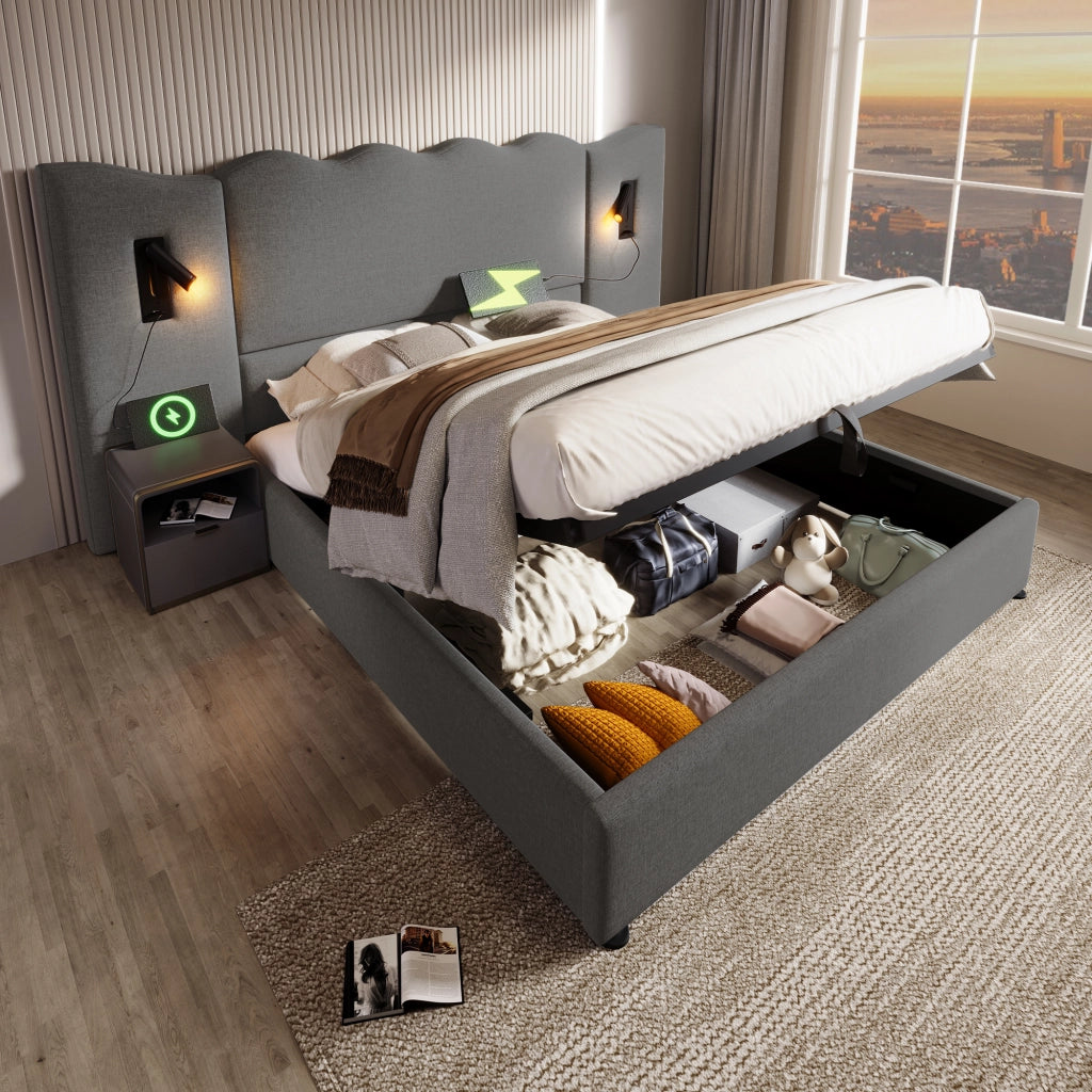 LETTO imbottito 160x200 cm in lino grigio con lampada da lettura e USB-C