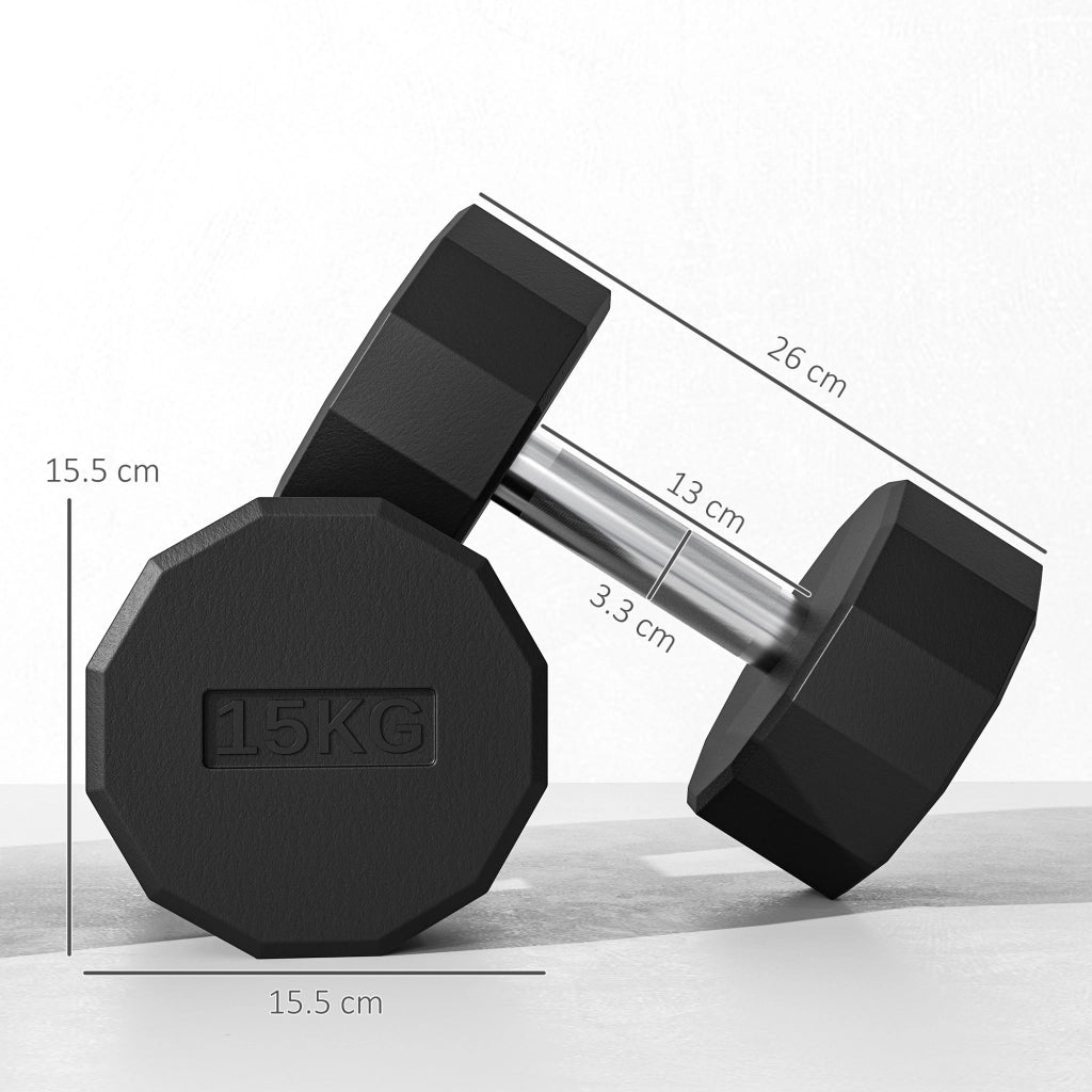 Set 2 Manubri a 12 Lati da 15 kg in Metallo e Gomma con Impugnatura Antiscivolo, 26x15.5x15.5 cm, Nero