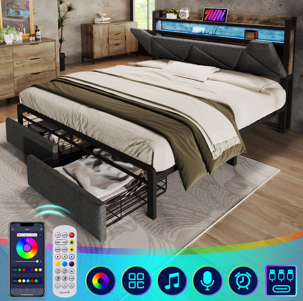 Letto matrimoniale 140x200 LED con USB-C e cassetti grigio