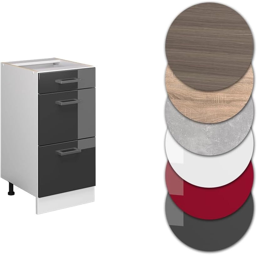 Mobiletto base per cucina R-Line, Antracite lucido, 40 cm con cassetti, senza piano di lavoro, per la libera combinazione all'interno di sistemi cucina modulari
