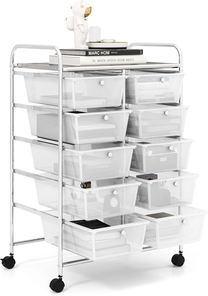Carrello a 10 Cassetti con Ruote, Carrello di Stoccaggio con Stabilità Elevata, Carrello Multiuso per Casa Ufficio e Scuola, 65,5 x 37 x 87 cm (Trasparente)