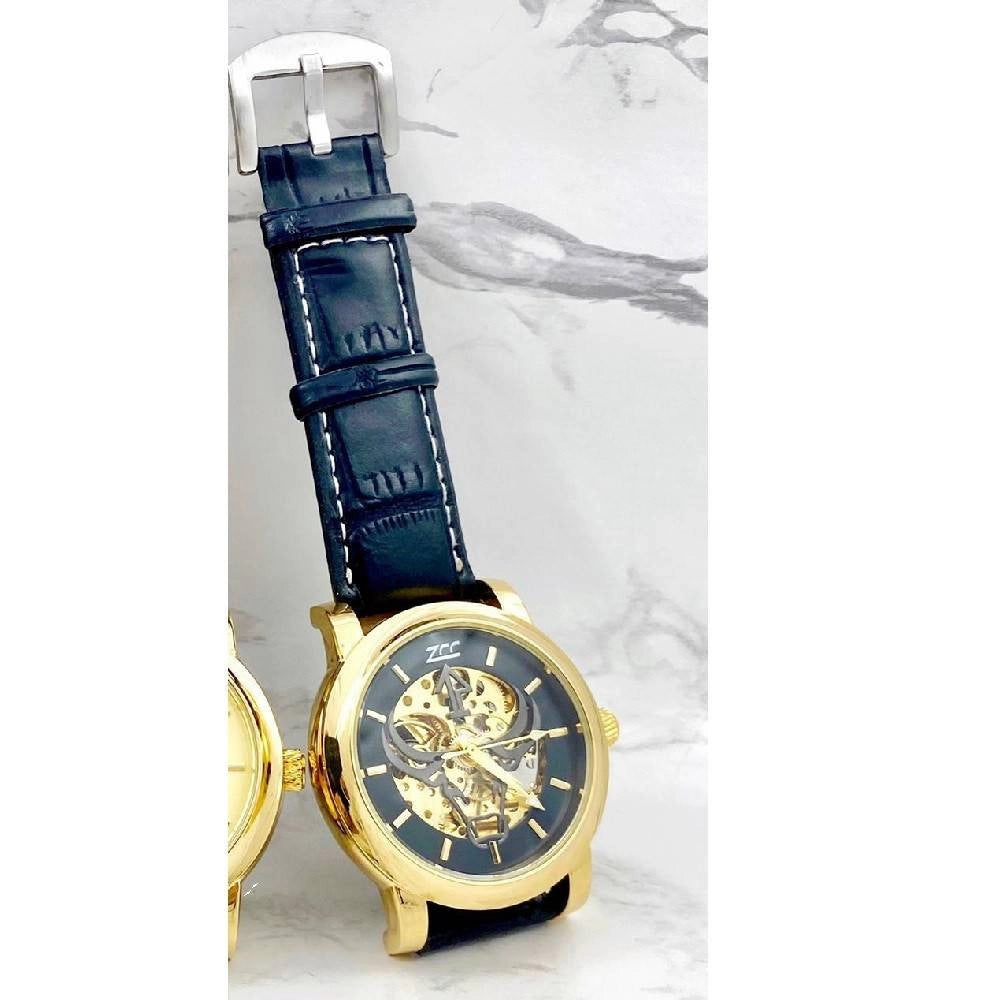Trade Shop - Orologio Da Polso Zcc Bull Transp Uomo Automatico Cinturino Pelle Blu Fondo Blu -
