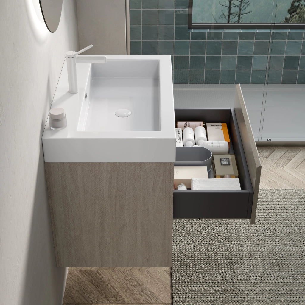 Mobile sottolavabo con lavabo integrato in resina, 1 cassetto e vano aperto, effetto rovere chiaro, 70 × 46 × 60 cm