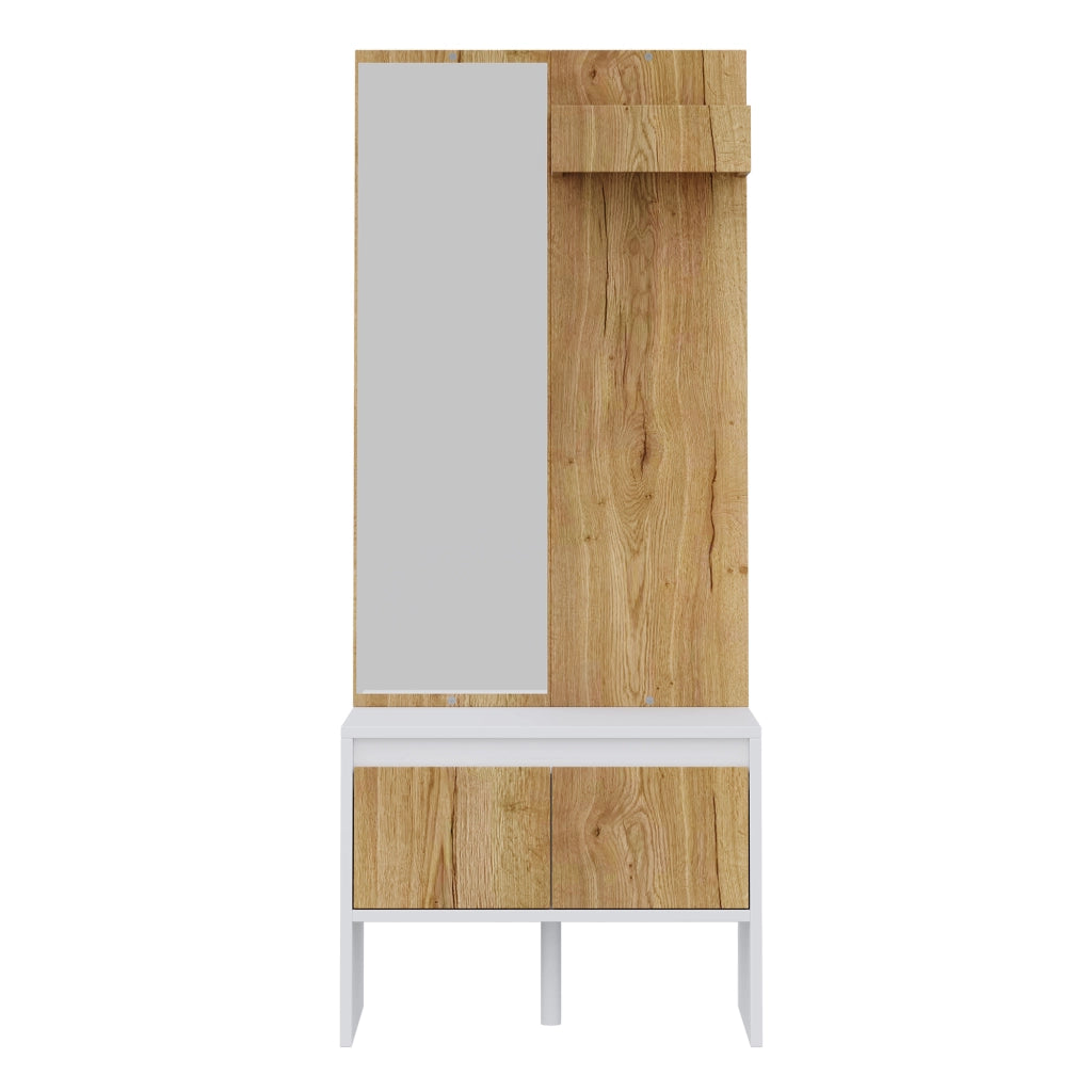 Set ingresso salvaspazio con appendiabiti, ganci, specchio, panca portascarpe e 2 cassetti, bianco e naturale, 60¡Á38¡Á145 cm