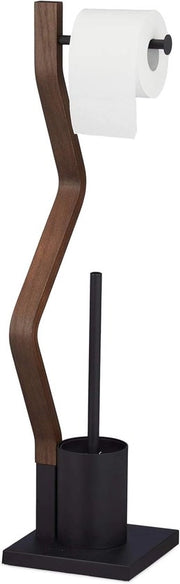 Supporto per carta igienica con spazzola - Legno e acciaio - Verticale - Nero/Chestnut - Dimensioni 75 x 18,5 x 18,5 cm wc butler