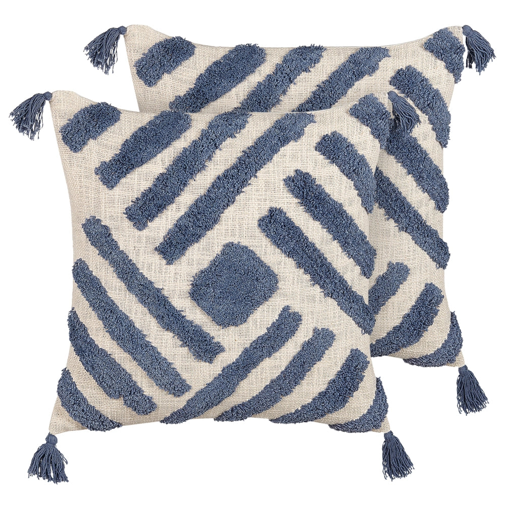 Set di 2 cuscini decorativi cotone beige e blu 45 x 45 cm motivo geometrico nappe rivestimento sfoderabile con imbottitura boho