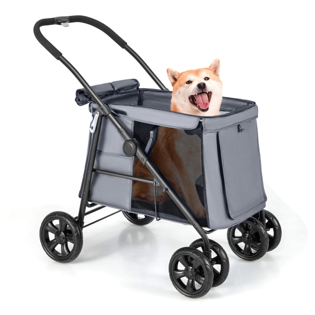Carrello pieghevole per animali domestici, Passeggino per cani e gatti a 4 ruote con lucernario tasche Grigio scuro-Giochi e accessori per cani