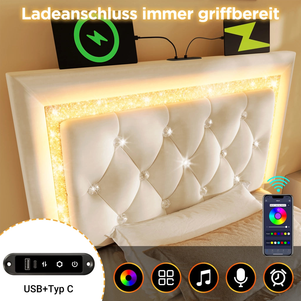Letto imbottito idraulico con LED e USB 90x200 cm velluto beige