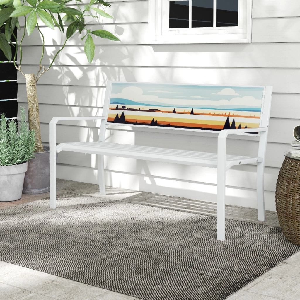 Pancha da giardino sedile a doghe, Panchina per esterno in metallo a 2 posti con schienale decorativo Bianco-Panchine