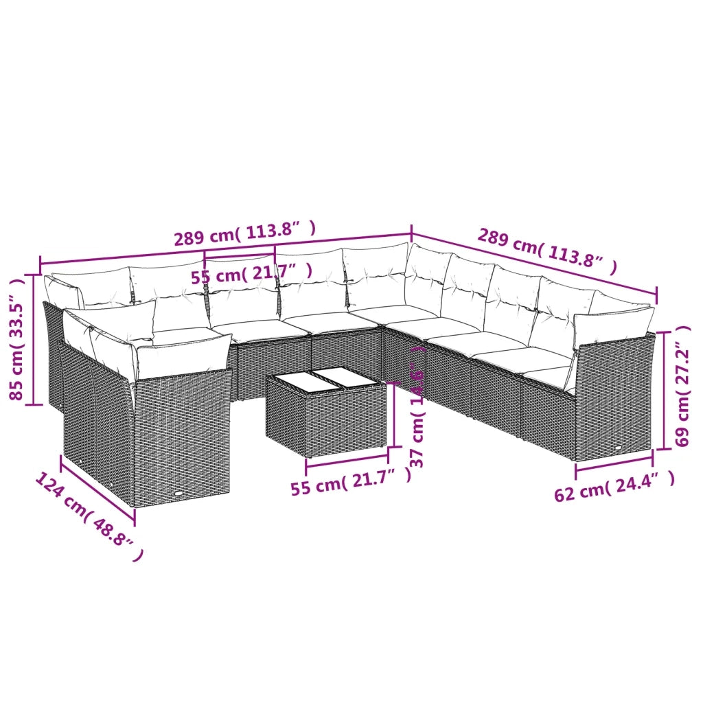 Set Divani da Giardino 12 pz con Cuscini Grigio in Polyrattan