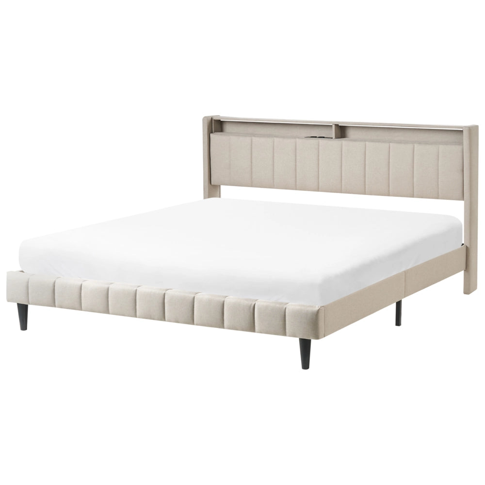 Letto matrimoniale LED Beige Tessuto EU Super King Size 180 x 200 cm Testiera imbottita con porta USB Desing moderno