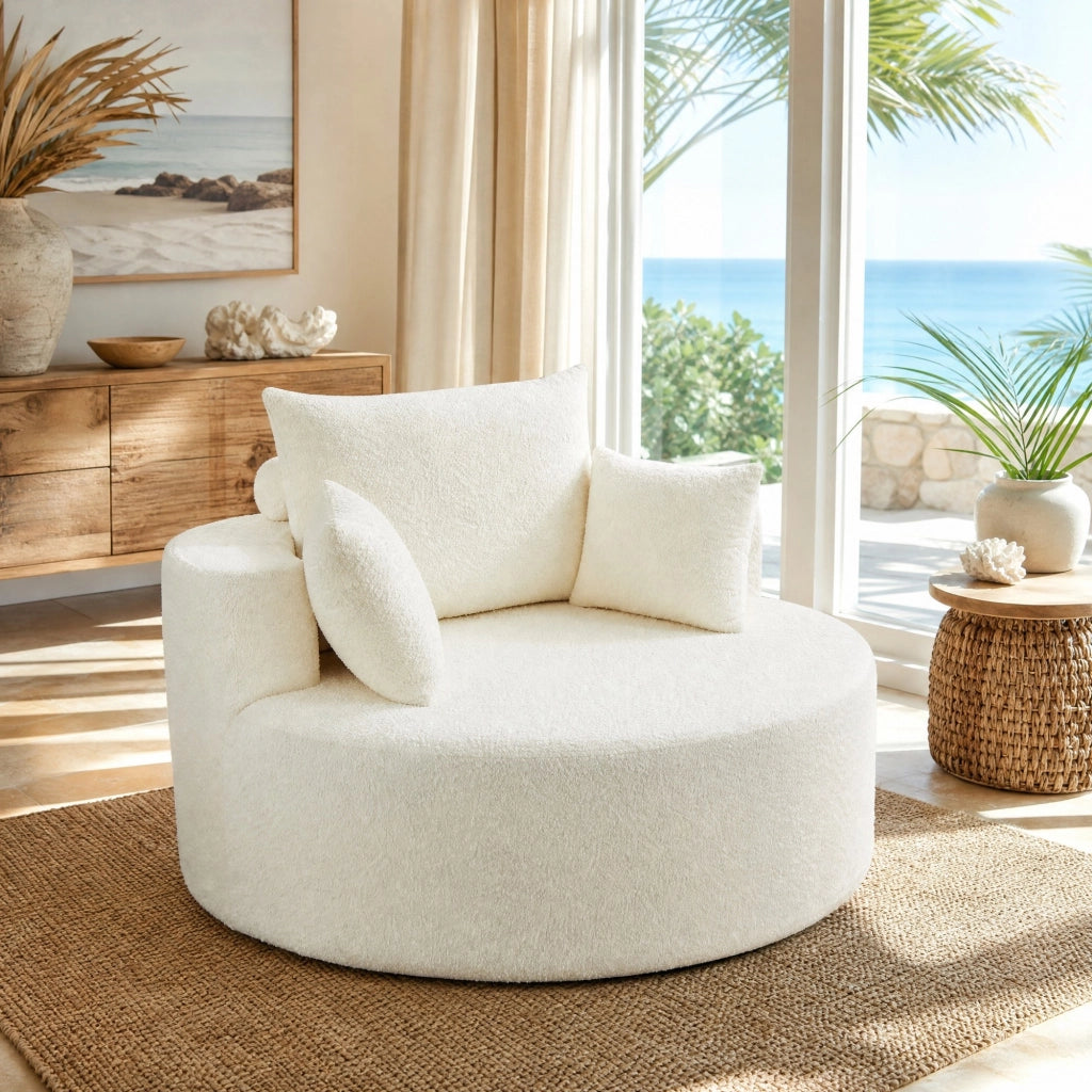 Poltrona modulare in ciniglia beige, senza montaggio, design morbido con cuscino lombare