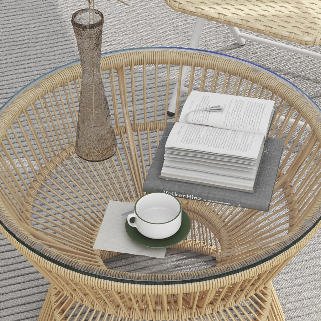 Tavolino Laterale Stile Boho 60 X 60 X 50 Cm Metallo Vetro Rattan PE Legno Naturale Per Esterni