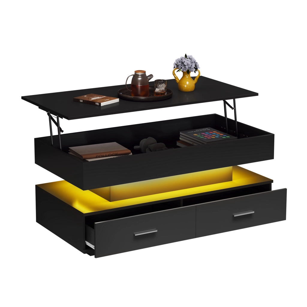 Tavolino basso sollevabile con LED e Bluetooth, 2 cassetti, vano aperto e vano nascosto, per soggiorno, nero, 100 × 50 × 44 cm