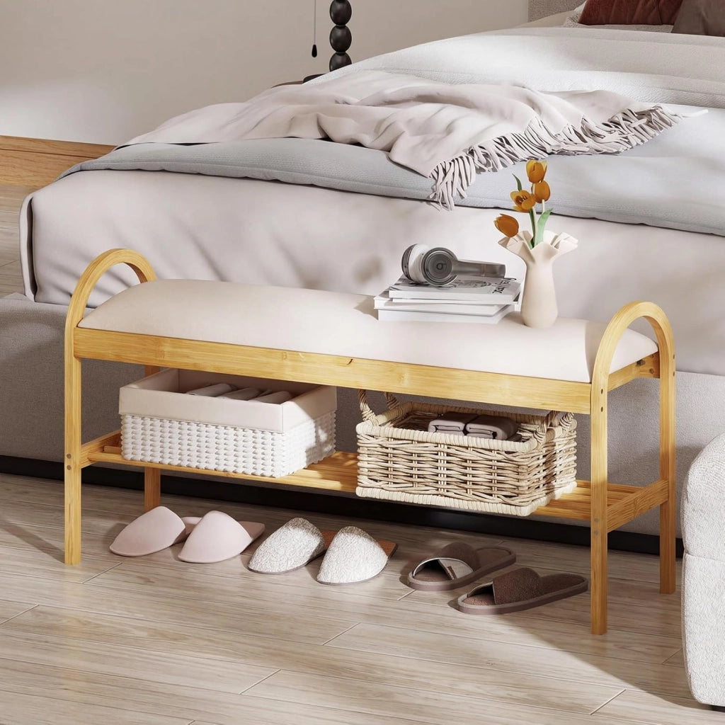 Scarpiera con Cuscino, Panca Porta Scarpe con Coperchio Imbottito a Ribalta, Scomparto Nascosto, Panca Imbottita per Ingresso Corridoio Camera da Letto, 101 x 31 x 51 cm (Beige)