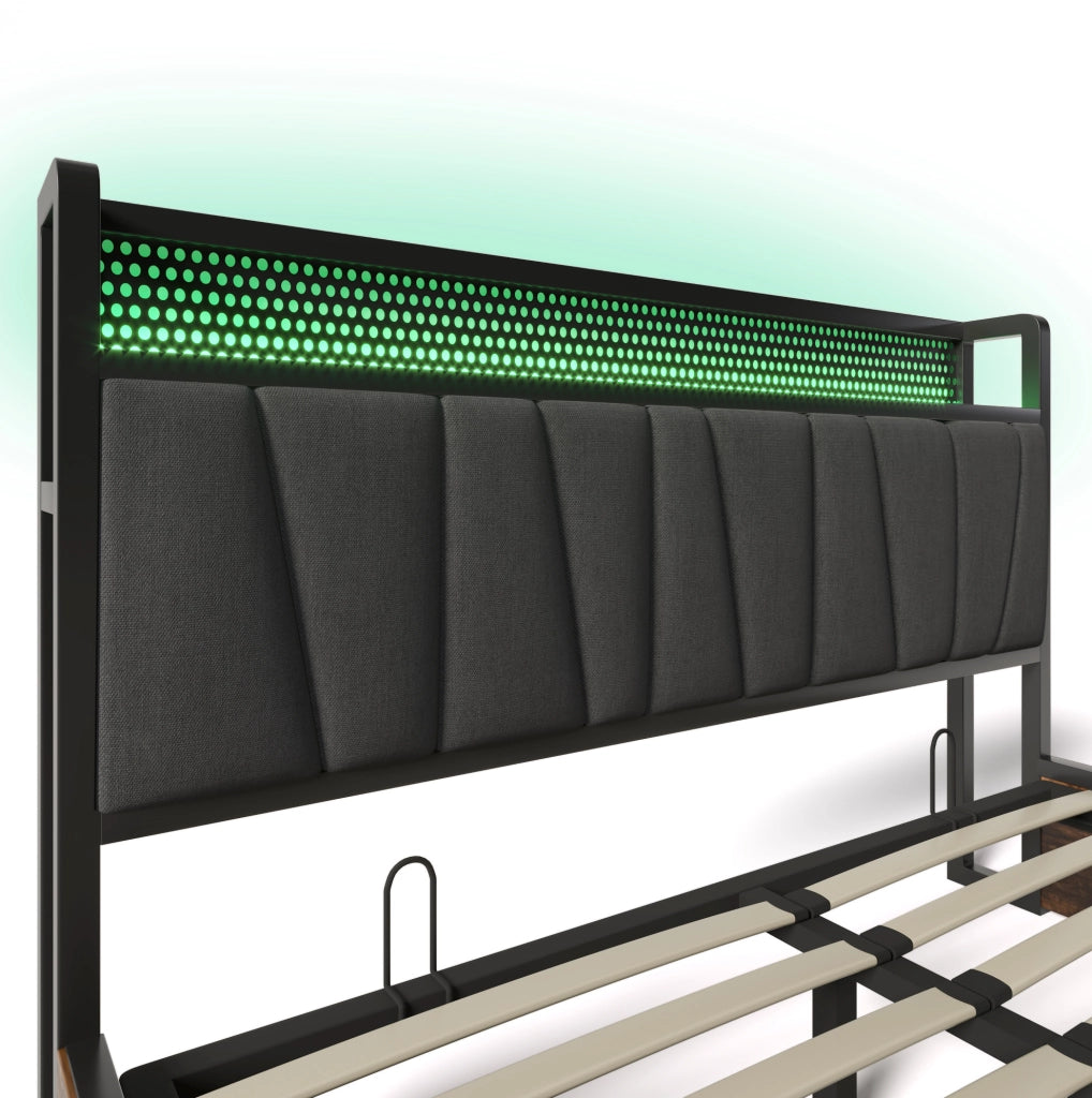 Letto matrimoniale 160x200 cm in metallo e lino grigio con LED RGBW; prese USB e contenitore