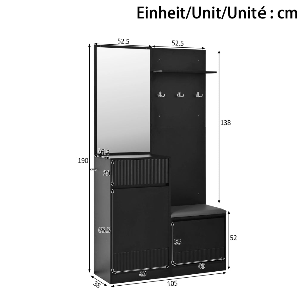 Mobili da ingresso con specchio; scarpiera e illuminazione LED; vano contenitore per ingresso; 105 × 38 × 190 cm
