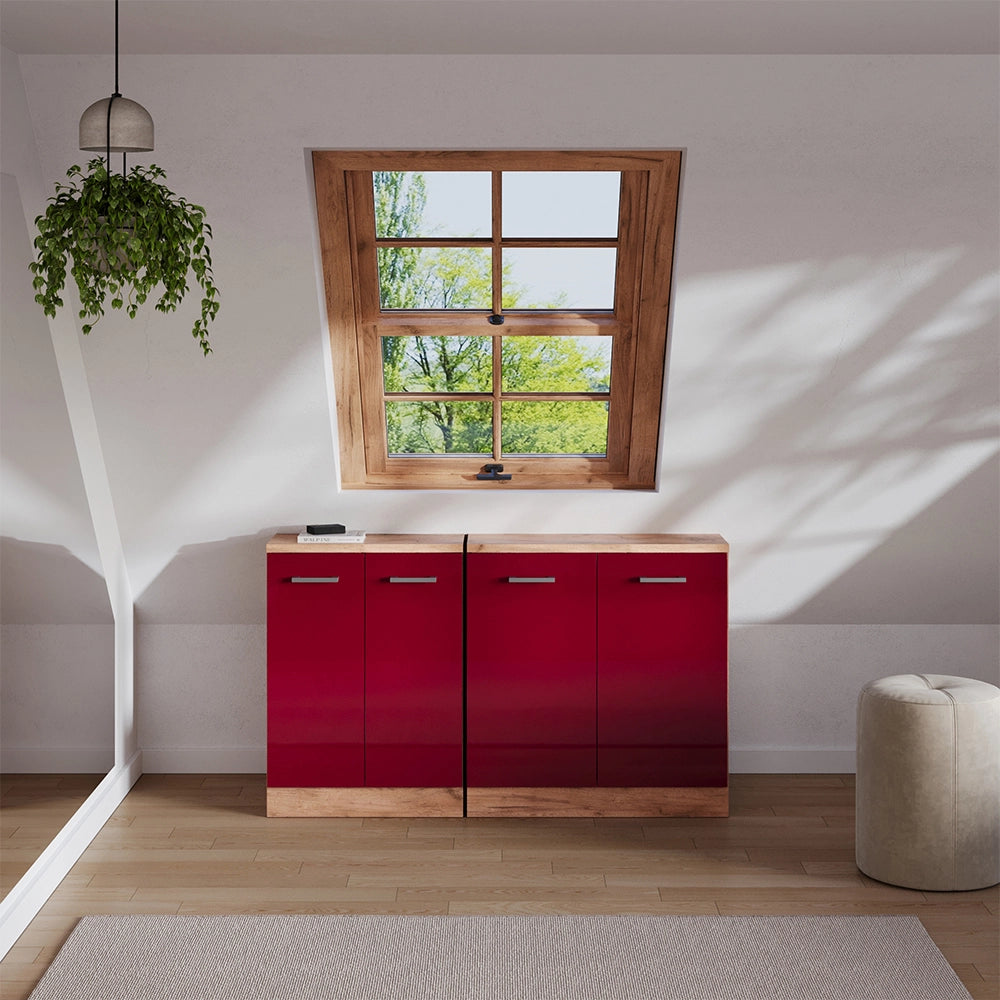 Set di mobili sottotetto Rion Rosso lucido/Rovere dorato 140 cm Set di 2 carcasse armadio profondità 60 cm Vicco