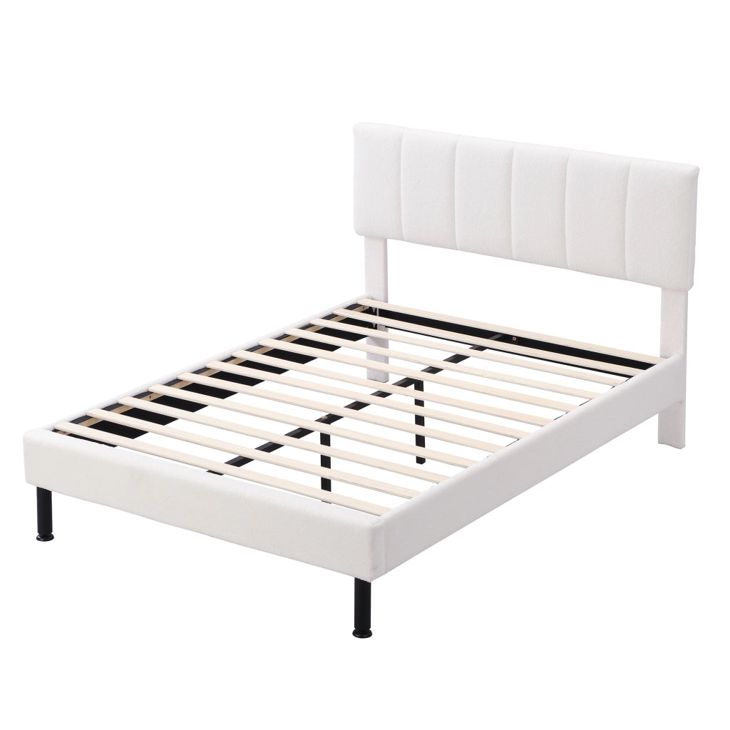 Letto imbottito 140x190 cm in Sherpa beige con rete a doghe e piedi in ferro
