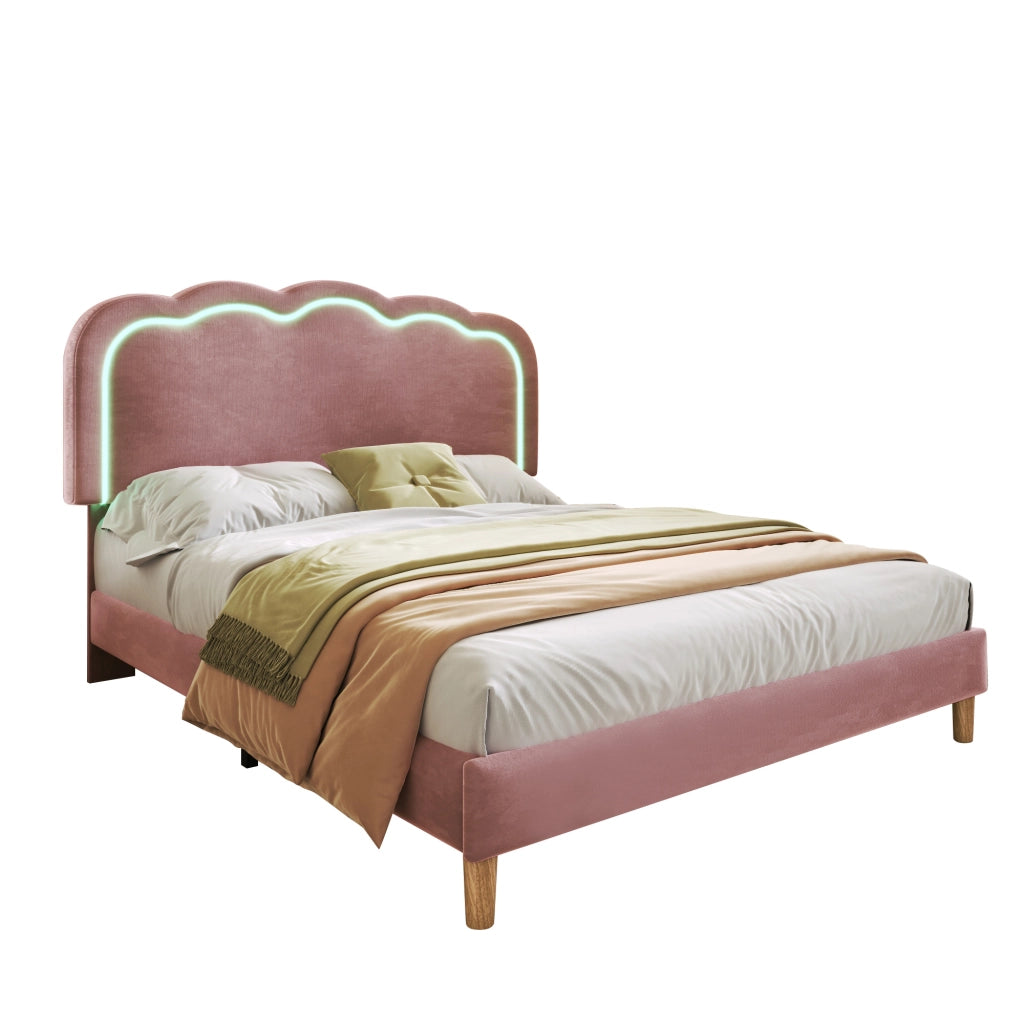 DESMIU Letto Matrimoniale Imbottito 140 × 200 cm con Testiera LED Regolabile, senza materasso, in Velluto, Rosa