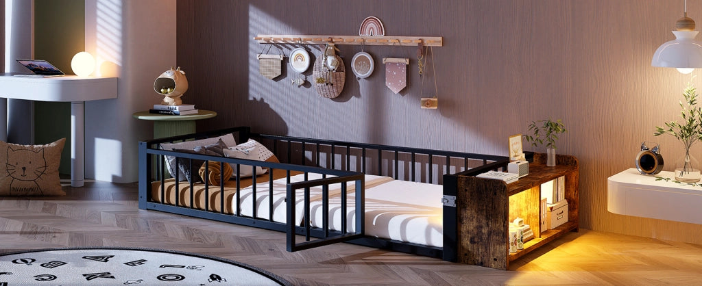 Letto per bambini 90x200 cm in metallo con barriera di sicurezza e LED