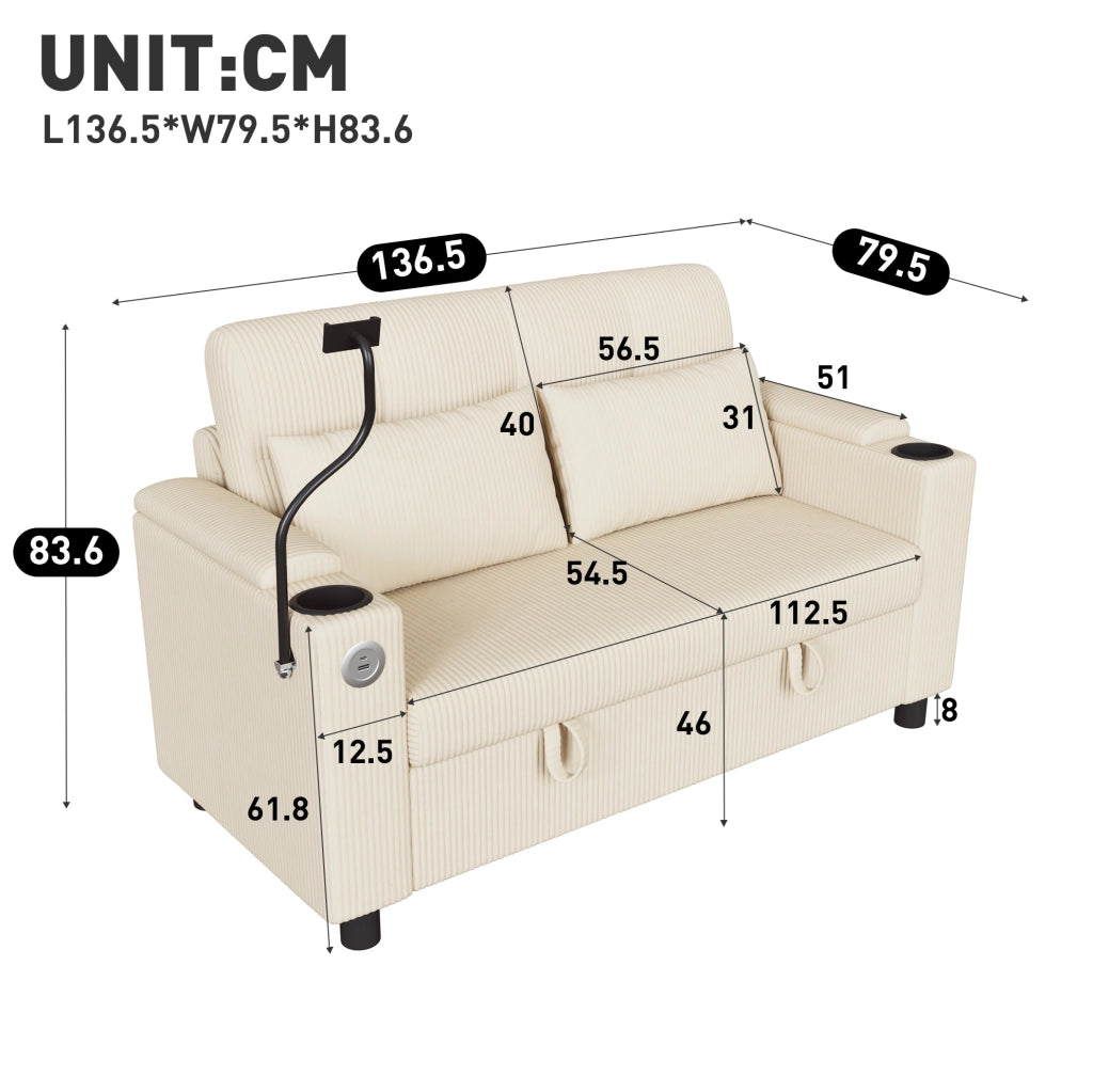 Divano 2 posti con contenitore; USB/Type-C e portabevande in velluto a coste beige HOMVRA