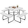 Set Tavolo da Picnic Quadrato con Panche per 8 Persone, Tavolo da Picnic con 4 Panche e Foro per Ombrellone, con Telaio in Metallo, Ogni Panca Portata 225 kg, per Giardino, Cortile (Bianco)