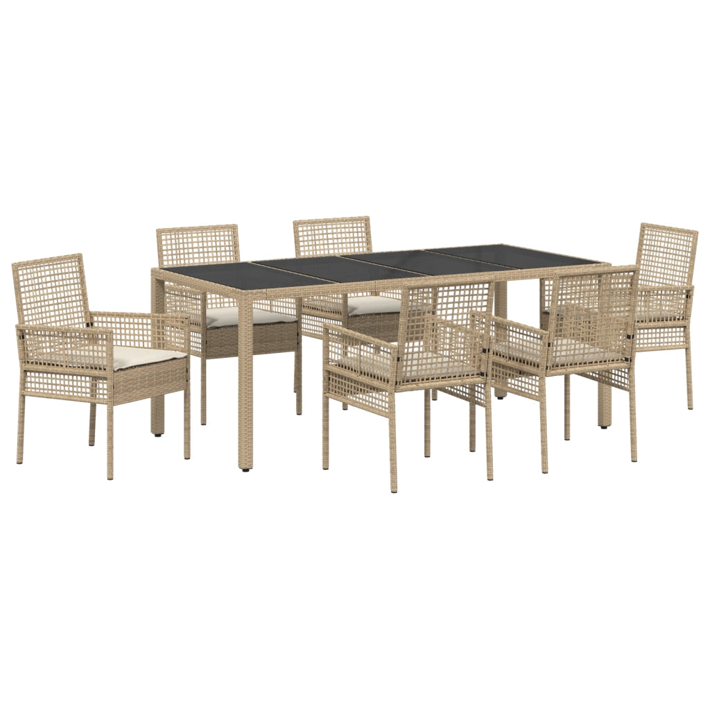 Set da pranzo da giardino 7 pezzi con cuscini beige in polyrattan