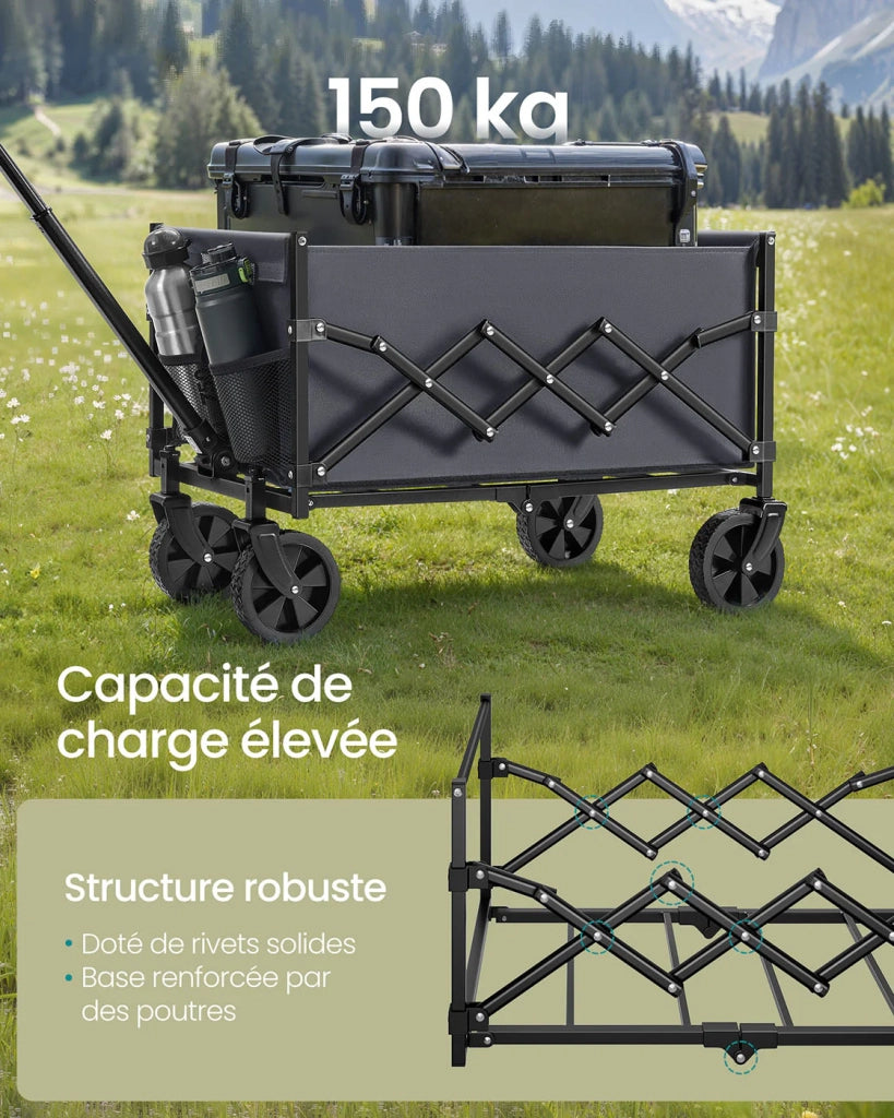 Carrello da trasporto pieghevole carrello da spiaggia carrello da campeggio con maniglia 4 ruote rinforzate di cui 2 universali portata 150 kg giardino esterno nero 12_0005032
