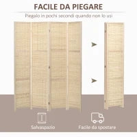 Paravento Separé da Interno a 4 Ante in Legno e Bambù, Pieghevole e Salvaspazio Altezza 170cm, Marrone