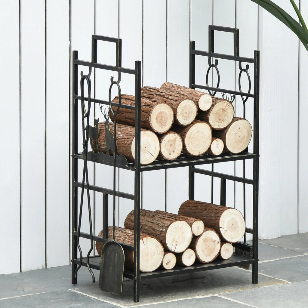 Portalegna in Ferro Battuto con Attrezzi per Camino, Manici e Base Rialzata, 51.5x33x77cm, Nero