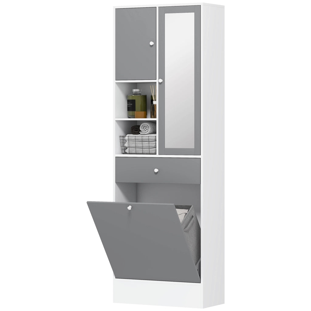 Mobile da bagno con cesto per la biancheria e specchio ripiano regolabile ¨C zephmum ¨C 62x28.3x181 cm grigio bianco