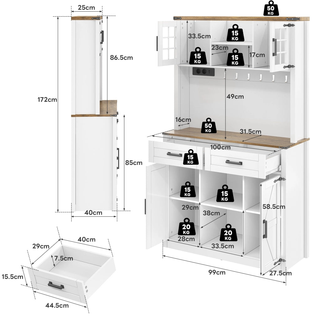 Mobile bar con LED regolabili e prese, madia da cucina con ampio spazio in MDF bianco e marrone