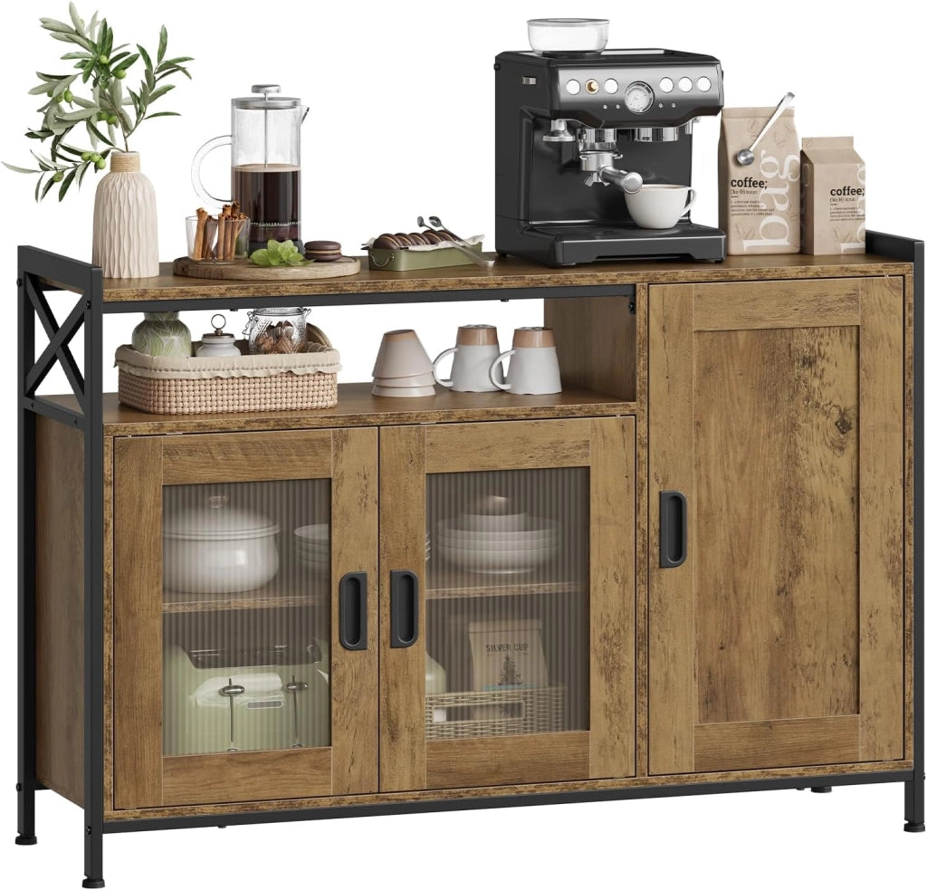 Credenza Cucina con 3 Ante, Mobile Buffet Salvaspazio con 2 Ripiani Regolabile, in Legno e Metallo, per Cucina, Soggiorno, Ingresso, 110x33x75 cm, Marrone Rustico